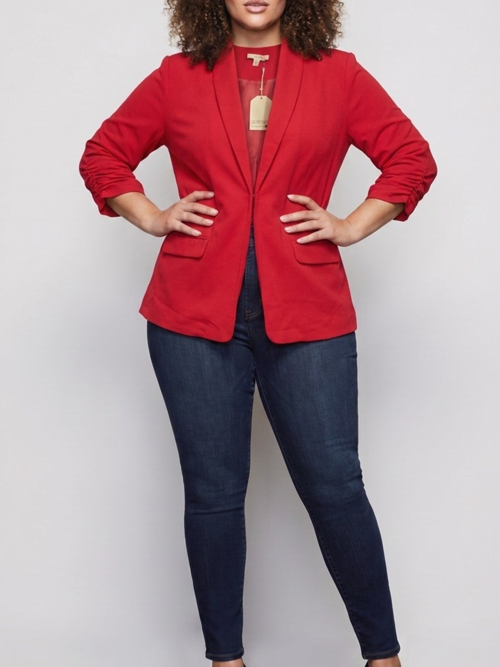 JODIFL Red Ruched-Sleeve Tailored Blazer